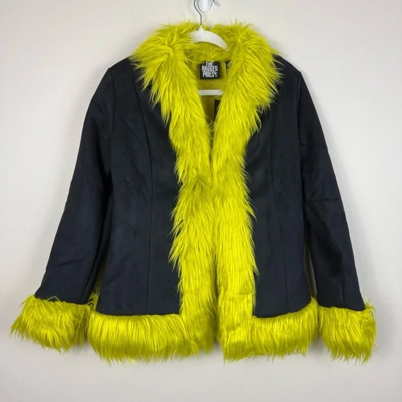 The Ragged Priest Warhol Faux Fur Coat Womens 6 Black Green Dolls Kill Jacket - Picture 2 of 12